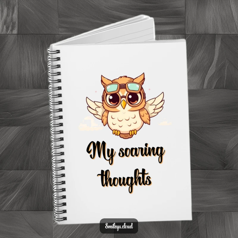 Funny notebook featuring a cute owl wearing aviator goggles, soaring through fluffy clouds, perfect for jotting down funny plans.