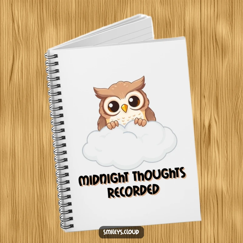 Funny curious owl peeking over a wispy cloud, on a lined notebook cover.