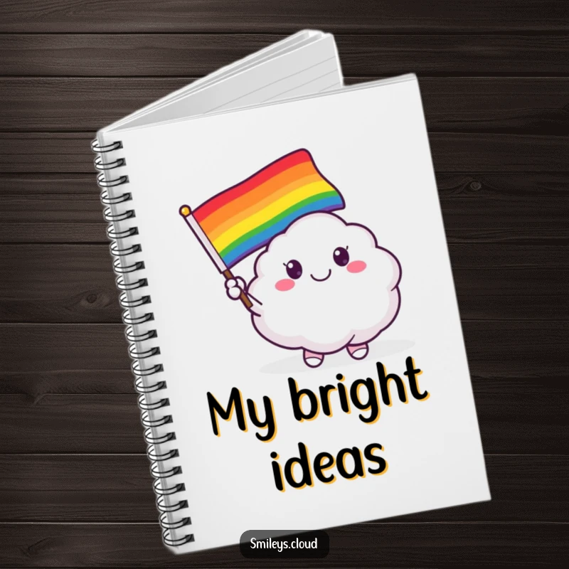 Funny notebook cover featuring a smiling cloud critter waving a colorful rainbow flag, symbolizing happiness and pride.