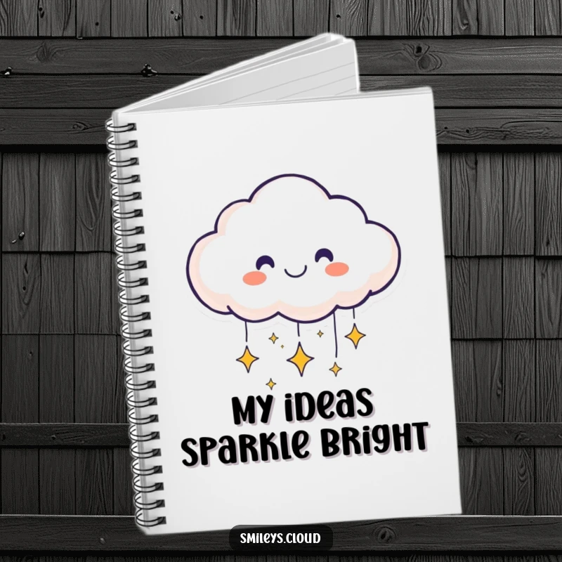 Funny smiling cloud face on a notebook sending sparkling stars downward, perfect for journaling dreams.