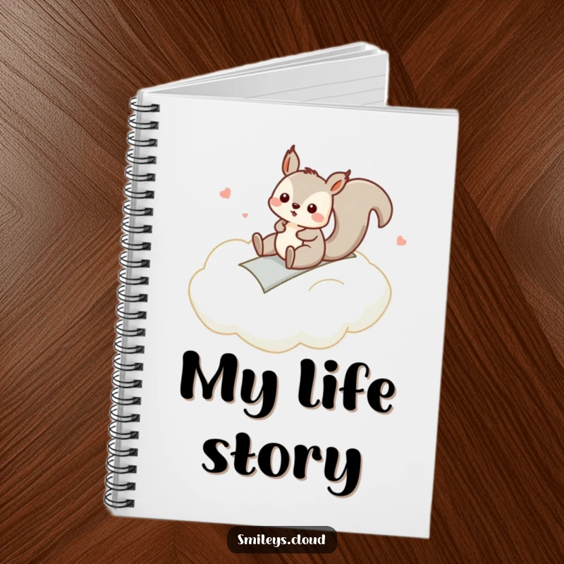 Funny notebook with a cover showing a silly squirrel sliding down a cloud, inspiring fun ideas and creative expression.