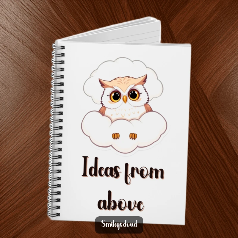 Funny notebook with a curious owl peering from a fluffy cloud, perfect for capturing curious thoughts and observations.