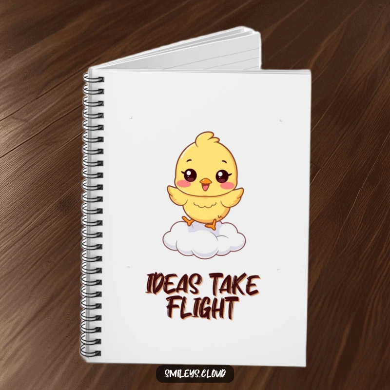 Funny chick notebook with a happy chick hopping on a cloud, perfect for notes and humorous ideas.