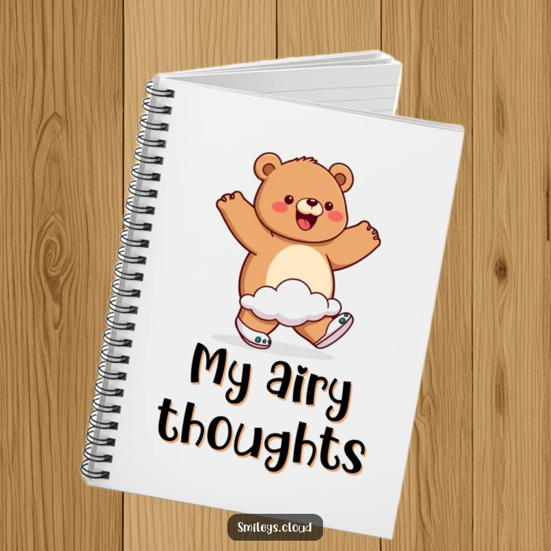 Funny notebook with a cover showing a proud bear wearing cloud shoes and walking on air, inspiring happy thoughts and creativity.