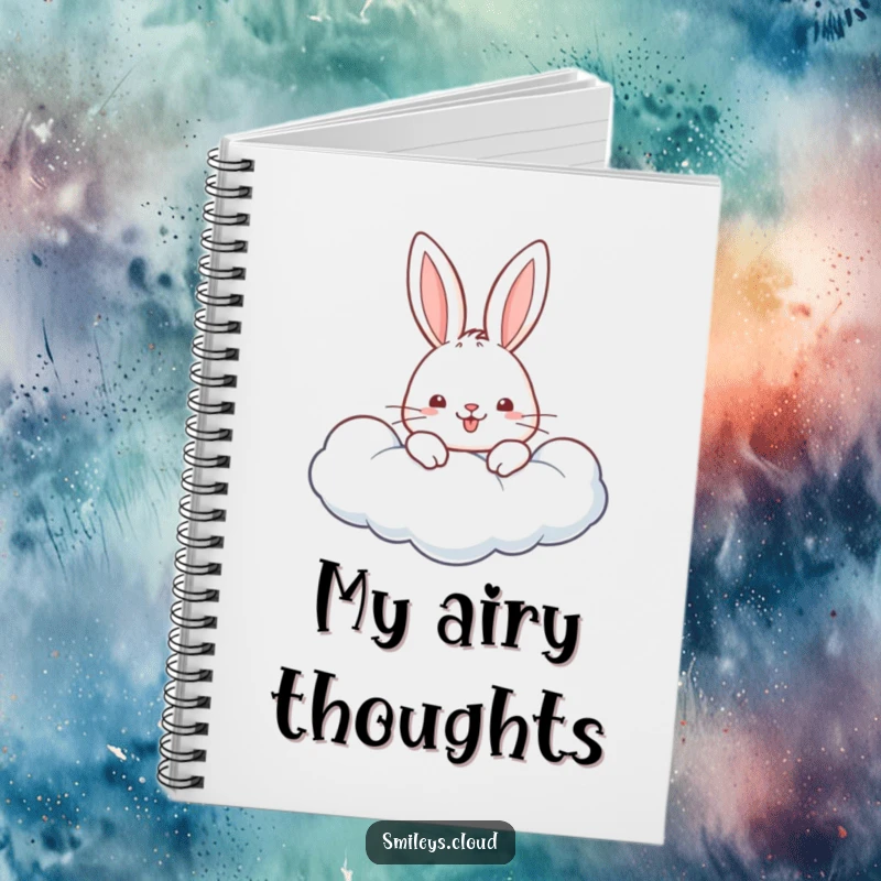 Funny notebook cover featuring a cheerful rabbit peeking from a fluffy cloud, looking sweet and curious.