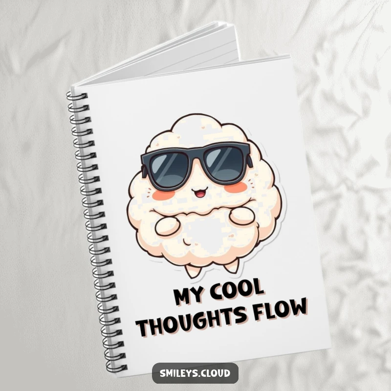 Funny notebook cover featuring a fluffy cloud wearing sunglasses, striking a cool pose with a cheerful, knowing smirk.