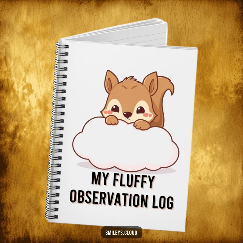 Funny curious squirrel peeking from a soft cloud, featured on a notebook cover for humorous note-taking.