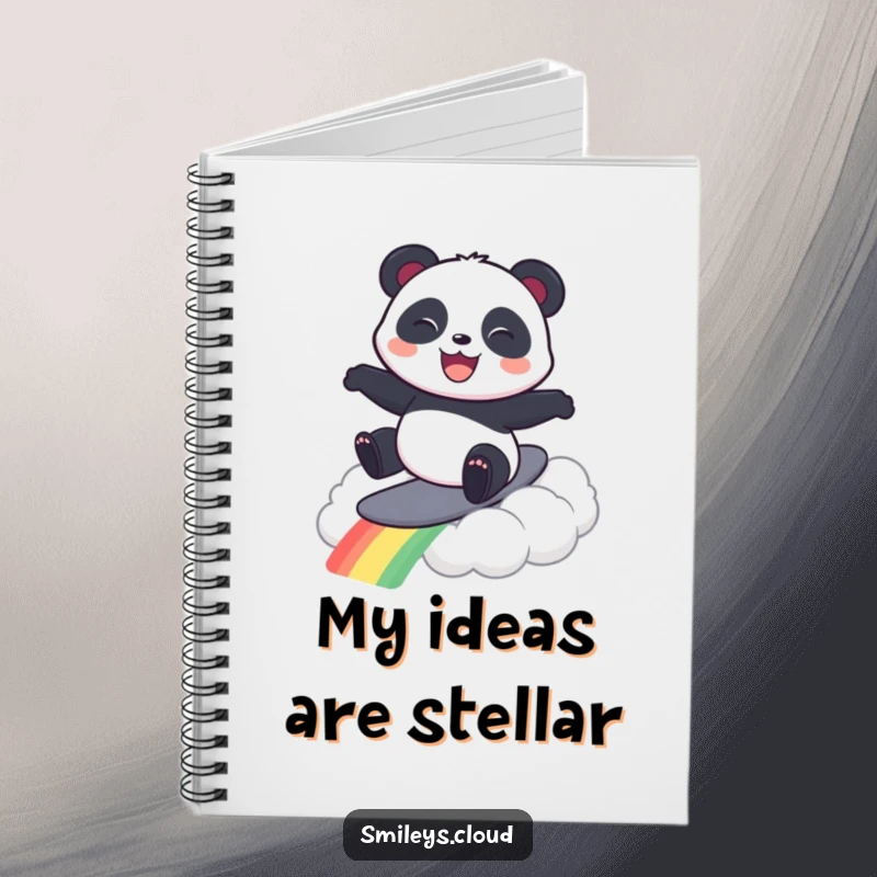 Funny notebook cover illustrated with a cheerful panda surfing a vibrant rainbow cloud, inspiring creativity and joy.