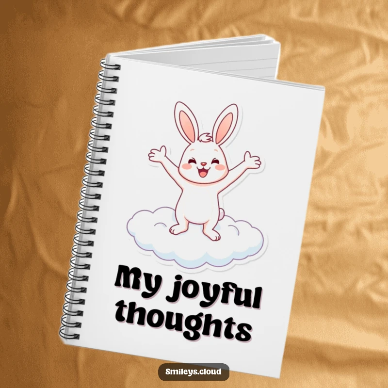 Funny notebook featuring a cheerful bunny balancing on a cloud with arms outstretched, perfect for funny notes.