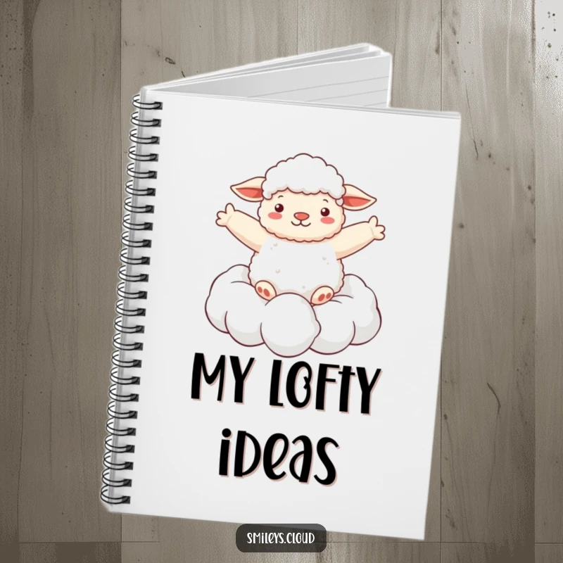 Funny notebook with a fluffy sheep floating on a cloud with arms spread wide, perfect for jotting down peaceful thoughts and dreams.
