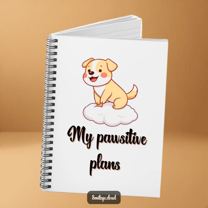 Funny happy dog wagging its tail, balancing on a cloud, on a lined notebook cover.