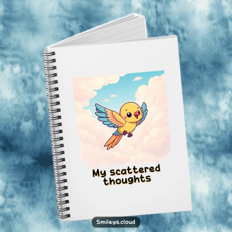 Funny parrot character flying through a cloudy sky, inspiring thoughts in this humorous digital notebook.