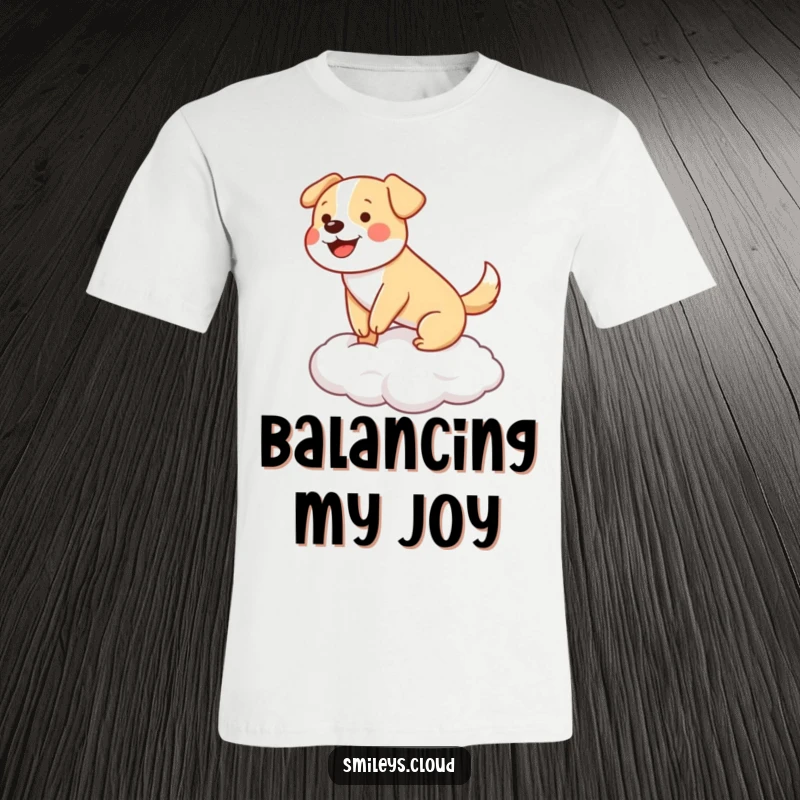 Funny happy dog wagging its tail while balancing on a cloud, smiling, on a soft t-shirt.