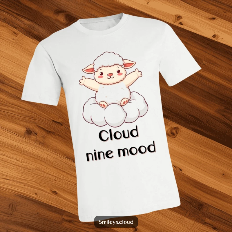 Funny t-shirt showing a fluffy sheep floating serenely on a cloud with arms spread wide, conveying a feeling of absolute freedom and joy.
