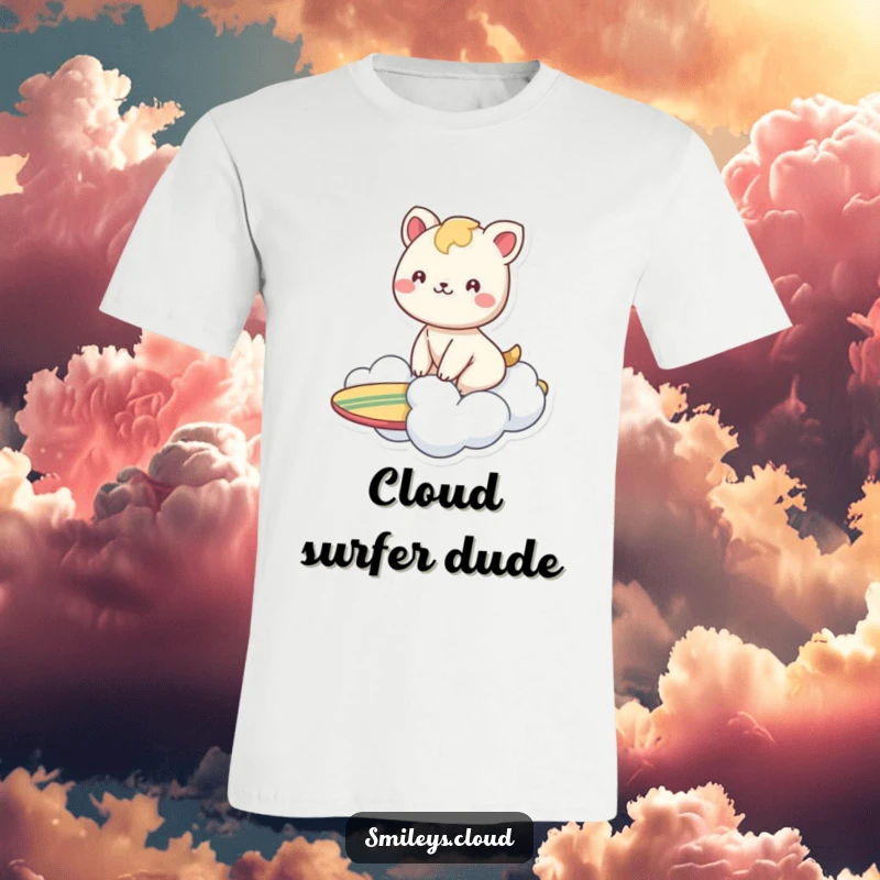Funny t-shirt depicting a smiling animal cheerfully surfing on a cloud as if it were a surfboard, full of delight.