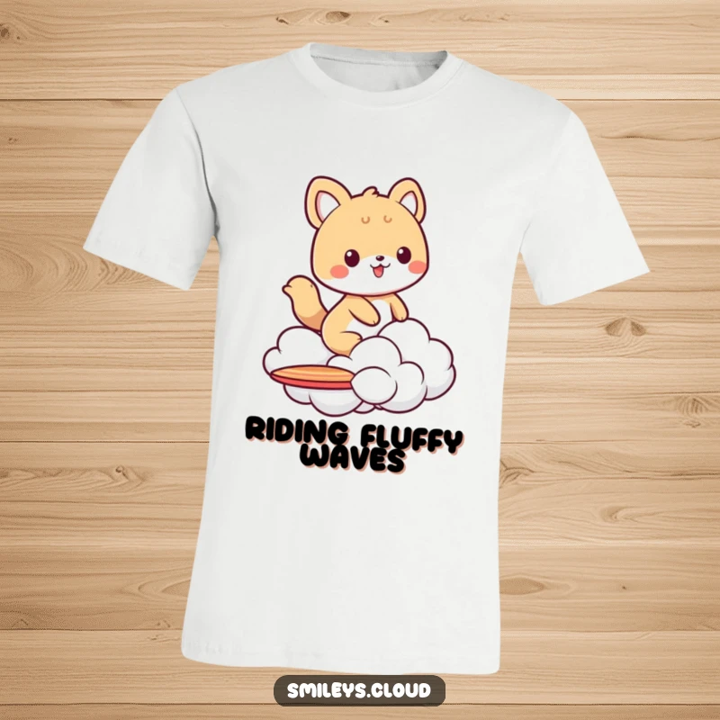 Funny t-shirt featuring an animal character joyfully riding a fluffy cloud as if it were a surfboard, showcasing fun and adventure.