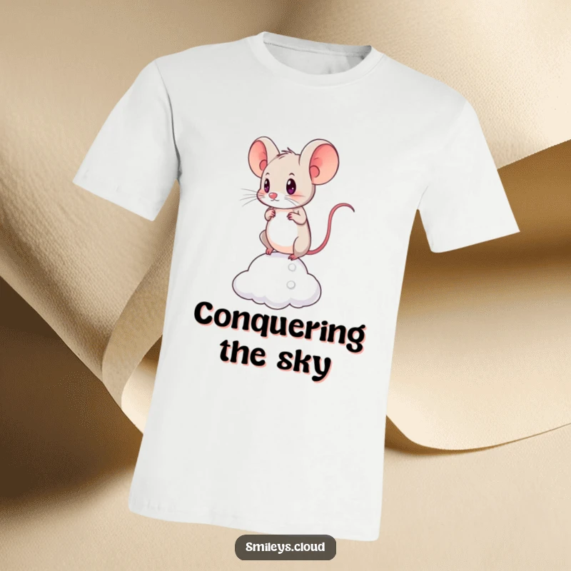 Funny t-shirt depicting a brave mouse with a focused, determined look, balancing with all its might on a tiny cloud.