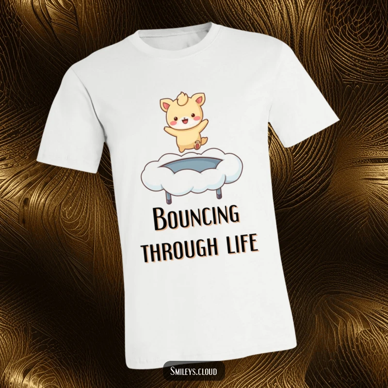 Funny t-shirt displaying a delighted cartoon animal energetically jumping on a soft, pillowy cloud as if it were a trampoline.