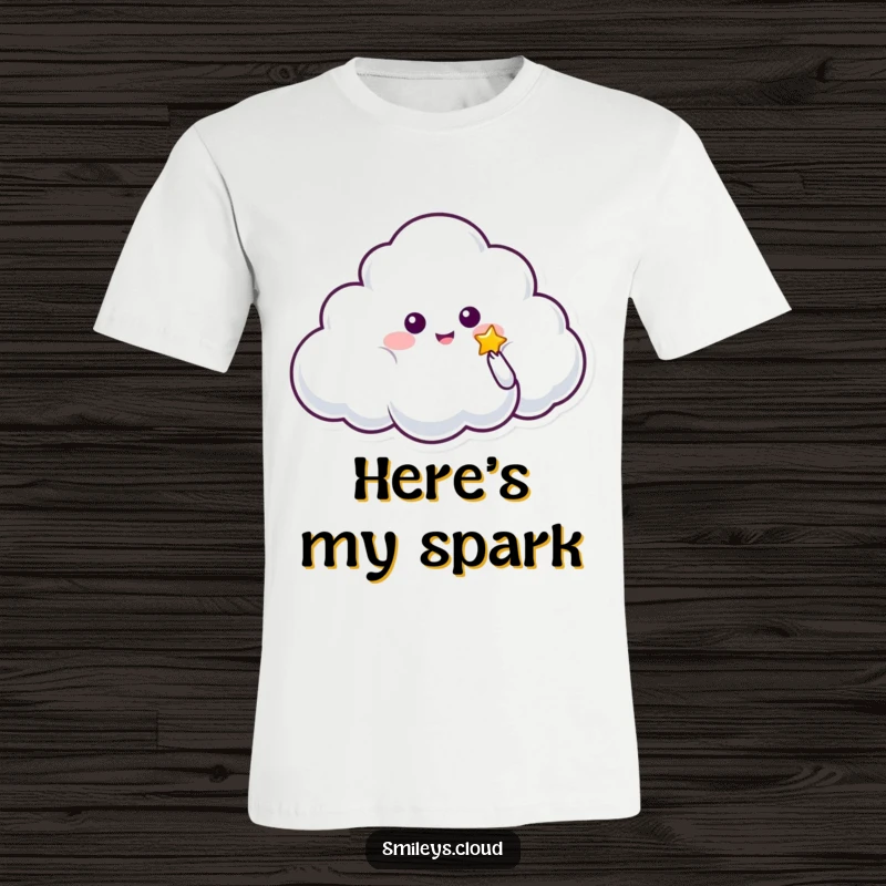 Funny t-shirt featuring a cloud character extending a hand to offer a tiny, luminous star, conveying generosity and wonder.