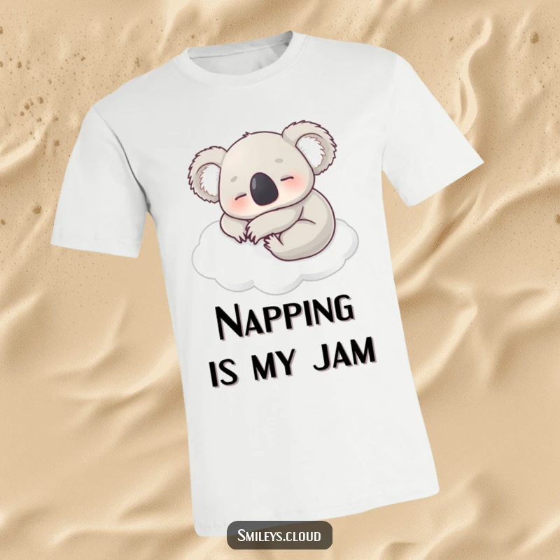 Funny t-shirt featuring a contented koala napping soundly on a fluffy white cloud, perfect for cozy, lazy days.
