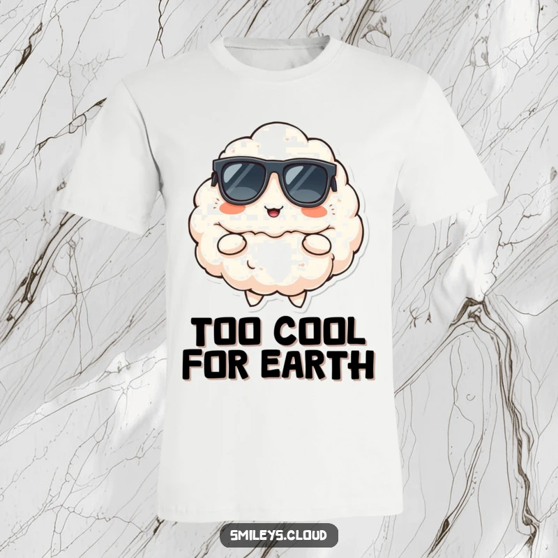 Funny t-shirt design of a fluffy cloud wearing sunglasses, posing coolly with a cheeky, cheerful smirk.