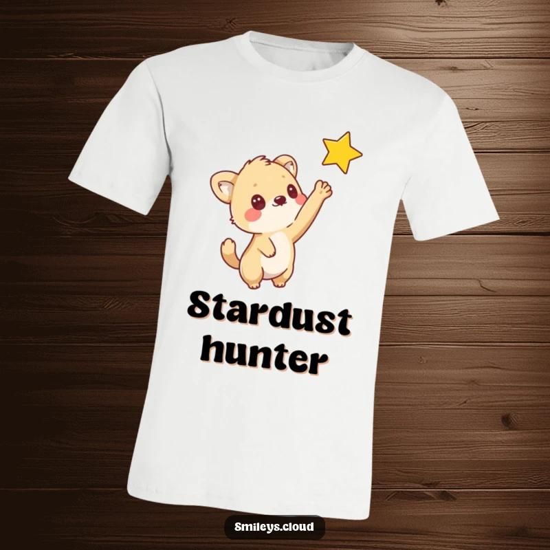 Funny t-shirt showing a curious animal with its paw extended, reaching out to touch a shining star, full of wonder.