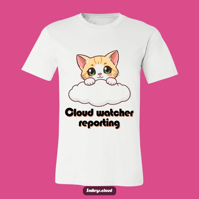 Funny Curious Cat Cloud T-Shirt: Whimsical Feline Adventure, Comfy Novelty Tee