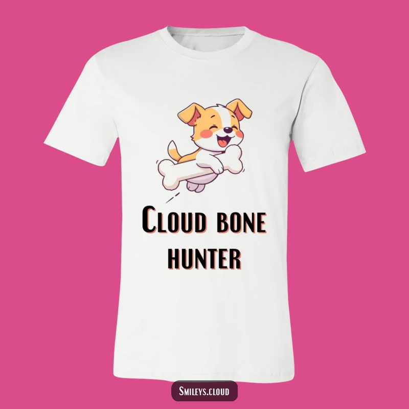 Show off your love for dogs with this funny t-shirt featuring a happy dog chasing a bone-shaped cloud. It's a super fun and funny gift for dog enthusiasts.