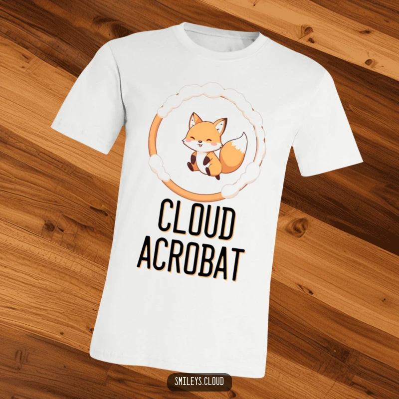 Funny t-shirt print of an energetic fox jumping dynamically through a circular cloud hoop, capturing pure fun.