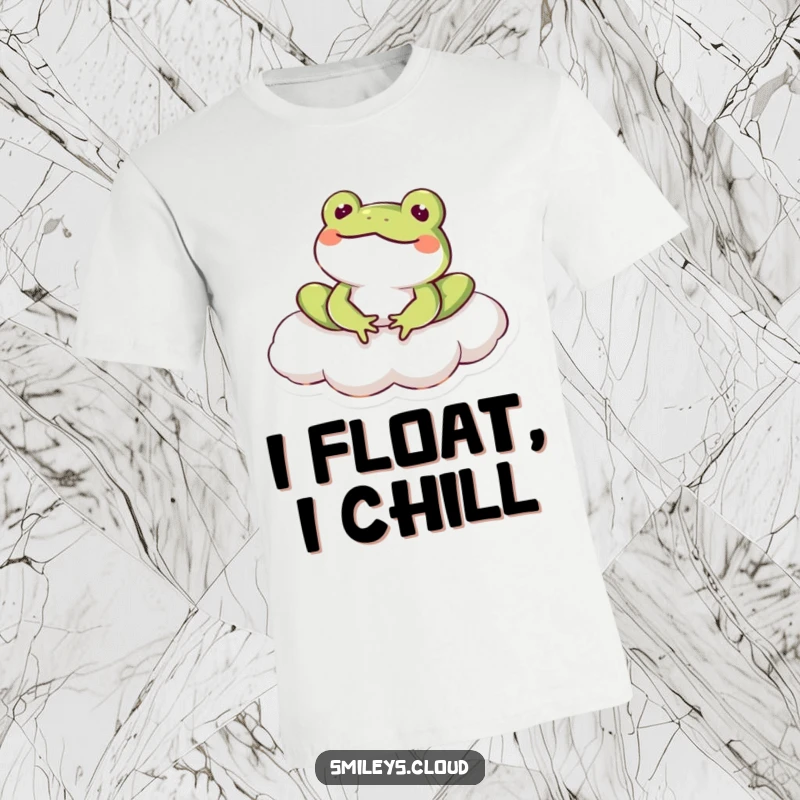 Funny frog character relaxing on a cloud with a big smile, printed on a soft, humorous t-shirt.