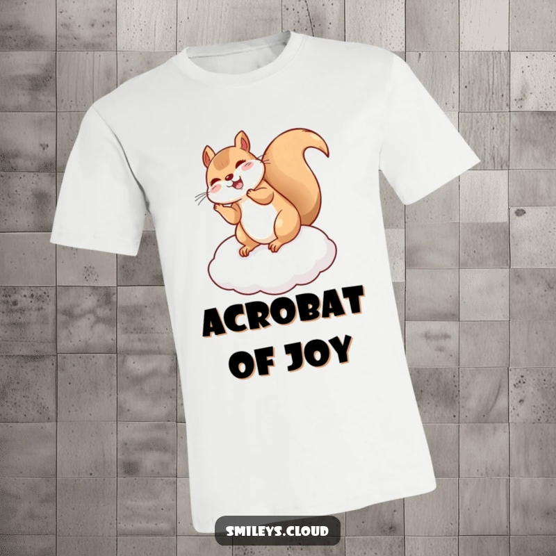 Funny Squirrel t-shirt depicting a giggling squirrel doing a flip on a cloud cushion, embodying playful energy and airborne silliness.