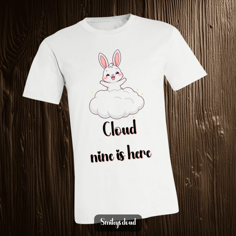 Funny grinning bunny bouncing high on a fluffy cloud, printed on a comfortable t-shirt for whimsical expression.