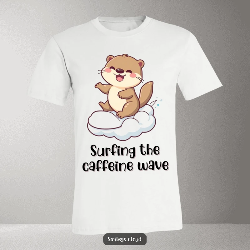 Funny cheerful otter playfully surfing on a rolling cloud, dynamic action, on a soft t-shirt.