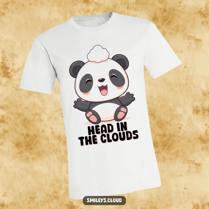 Funny t-shirt with a cheerful panda balancing a small cloud on its head, exuding pure joy and silliness.