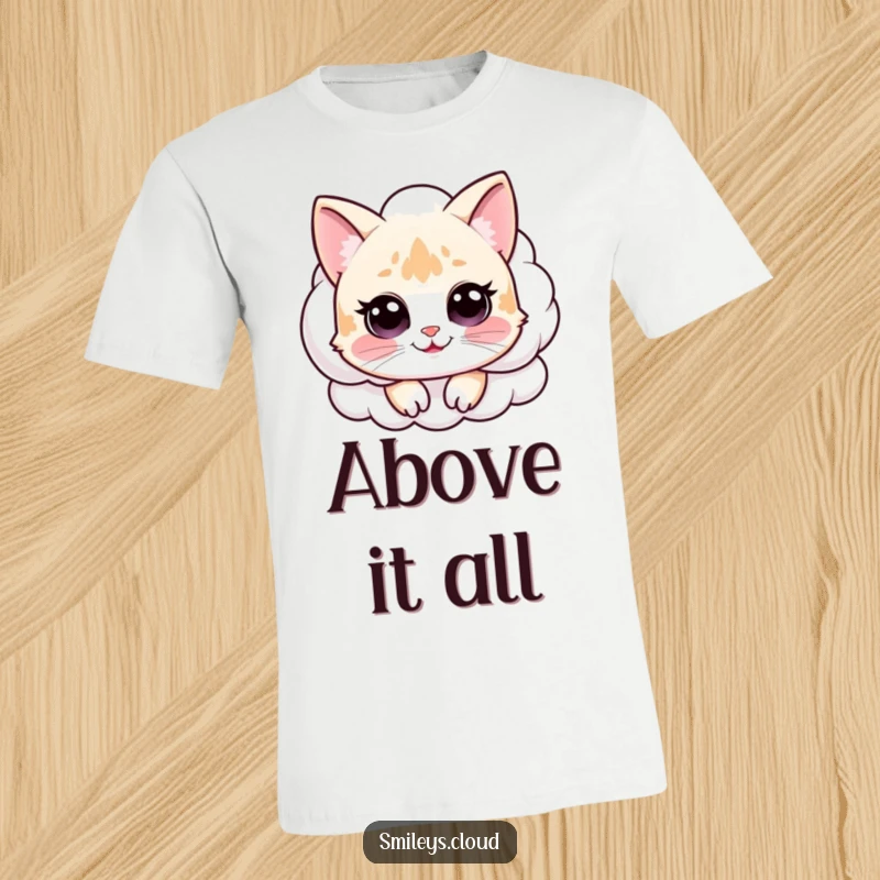 Funny t-shirt graphic of a happy cat peeking out from a fluffy white cloud, offering a funny and whimsical look.