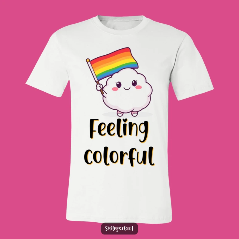 Wear your happiness and pride with this funny t-shirt, featuring a smiling cloud critter waving a vibrant rainbow flag. A truly cheerful statement.