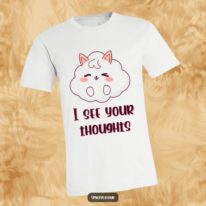 Funny t-shirt featuring a whimsical cloud animal winking with a cheeky grin, expressing playful mischief and charm.