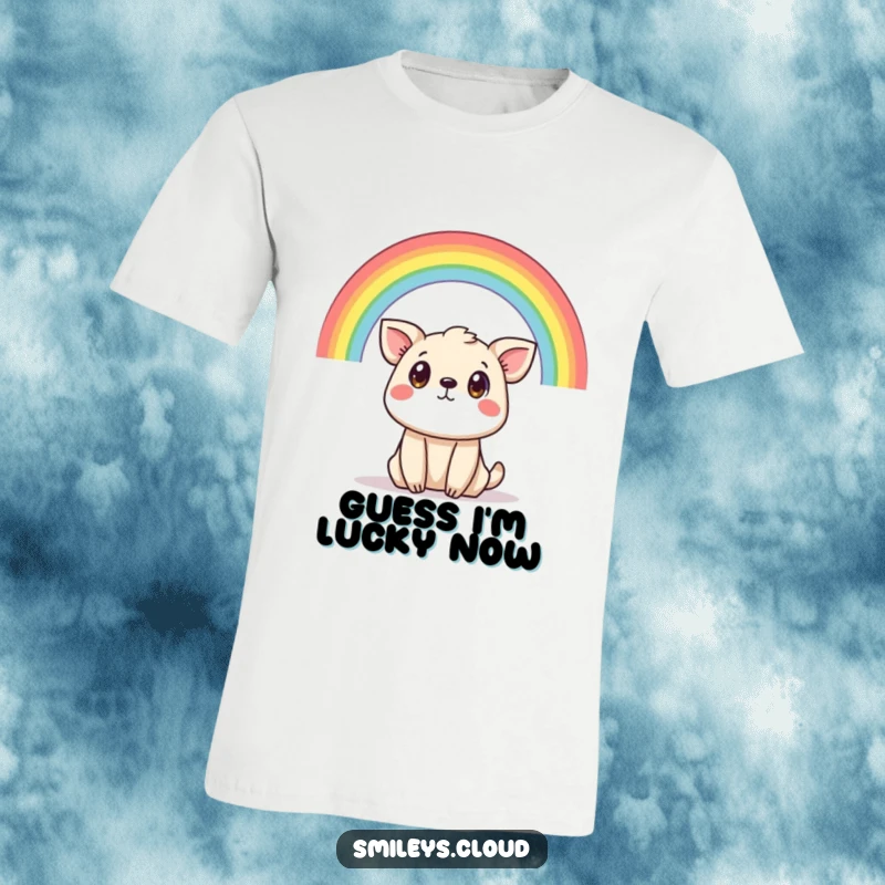 Funny t-shirt showcasing a shocked animal looking upwards at a colorful rainbow, celebrating surprise and delight.