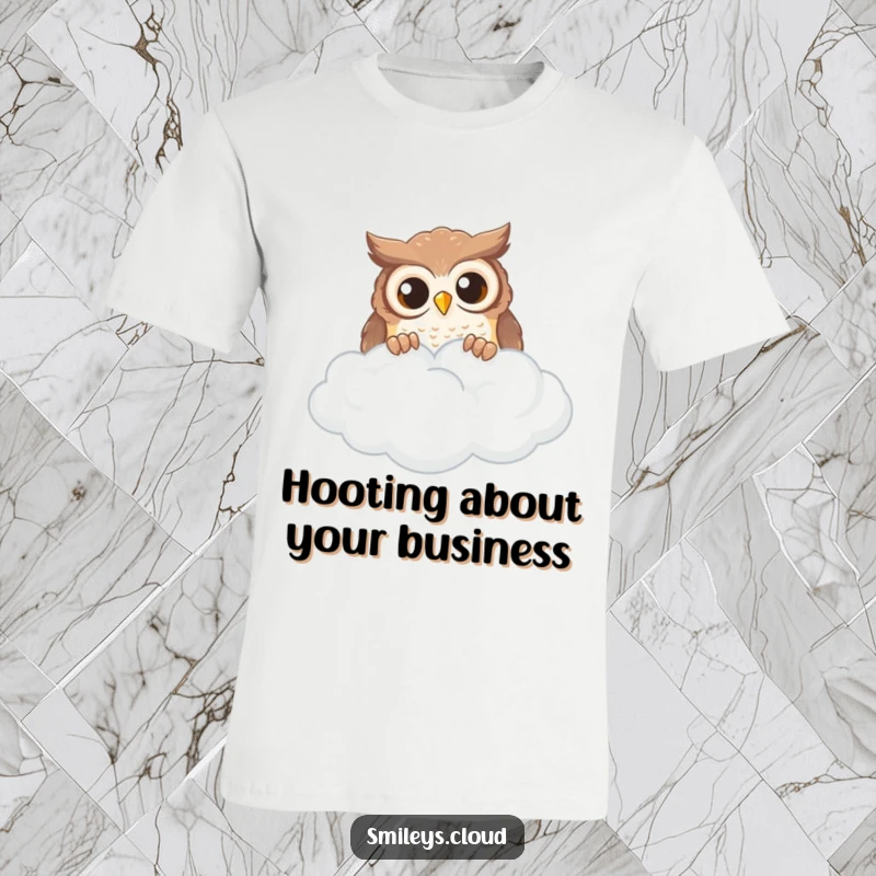Funny curious owl peeking over a wispy cloud, inquisitive gaze, on a soft t-shirt.