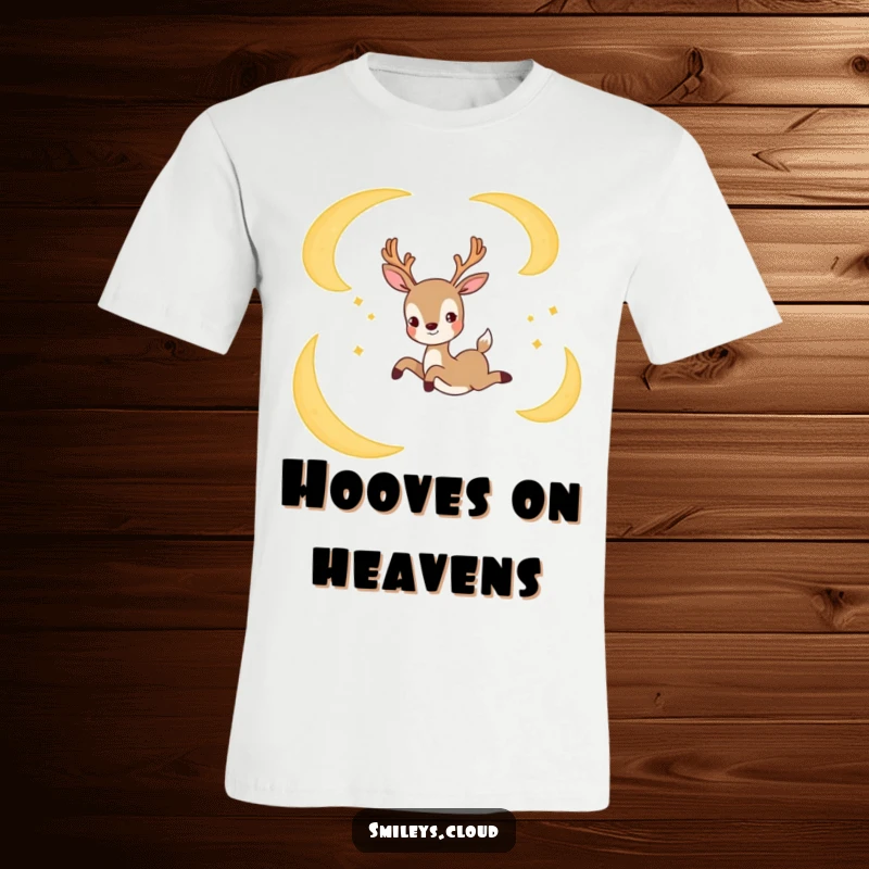 Funny t-shirt showcasing a joyful deer leaping gracefully between crescent moons, celebrating freedom and nighttime magic.
