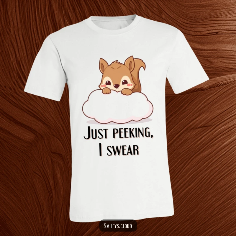 Funny squirrel peeking out from a soft cloud on this t-shirt, capturing a moment of curiosity and delight.