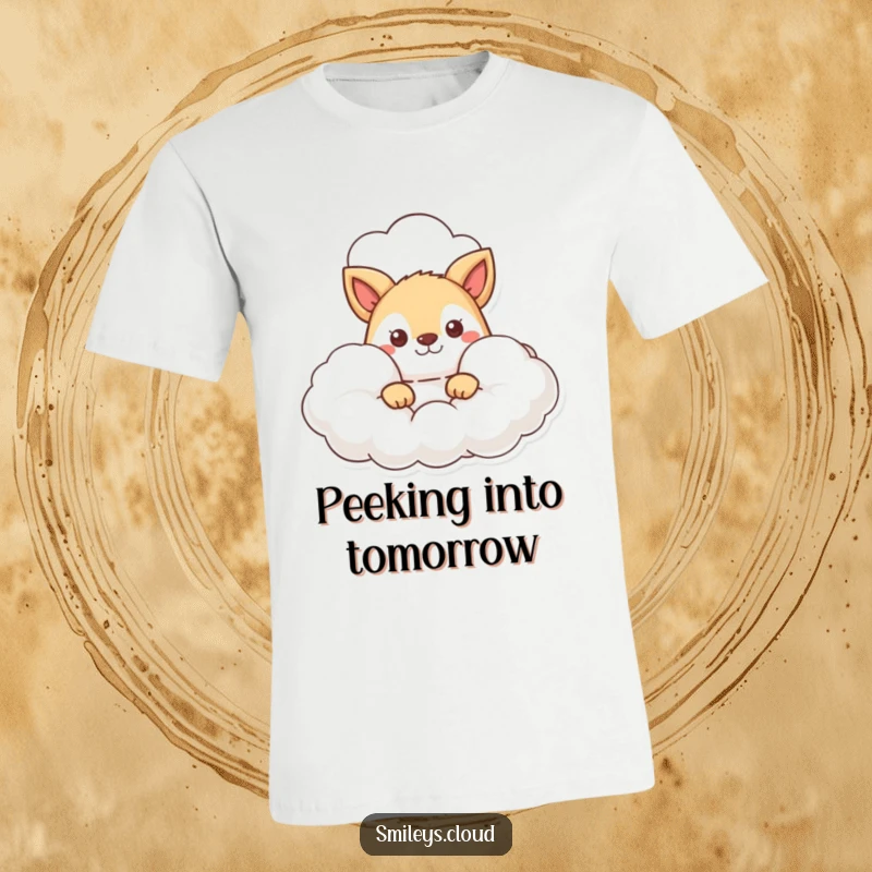Funny t-shirt featuring an animal character curiously peeking out from the edge of a fluffy cloud, full of wonder.