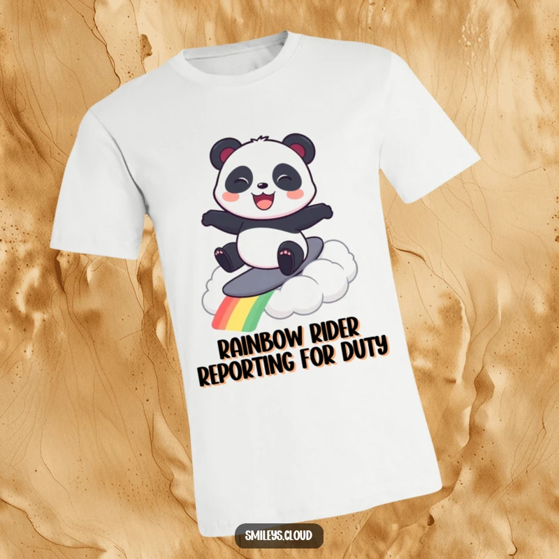 Funny t-shirt showcasing a happy panda riding a colorful rainbow cloud like a surfboard, radiating pure fun and excitement.