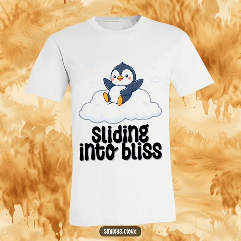 Funny t-shirt showcasing a peppy penguin sliding down a fluffy cloud slide, celebrating joy and carefree fun.
