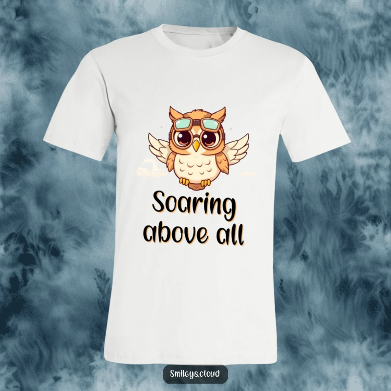 Funny t-shirt graphic of a cute owl wearing aviator goggles, soaring through fluffy clouds, embodying funny freedom.