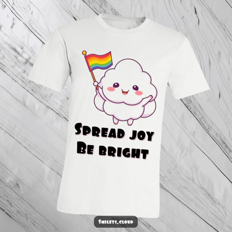 Funny cloud critter t-shirt showcasing a smiling cloud character joyfully waving a rainbow pride flag.