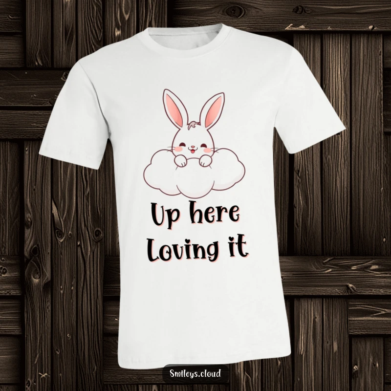Funny rabbit t-shirt showcasing a cheerful bunny peeking out from behind a fluffy, whimsical cloud.