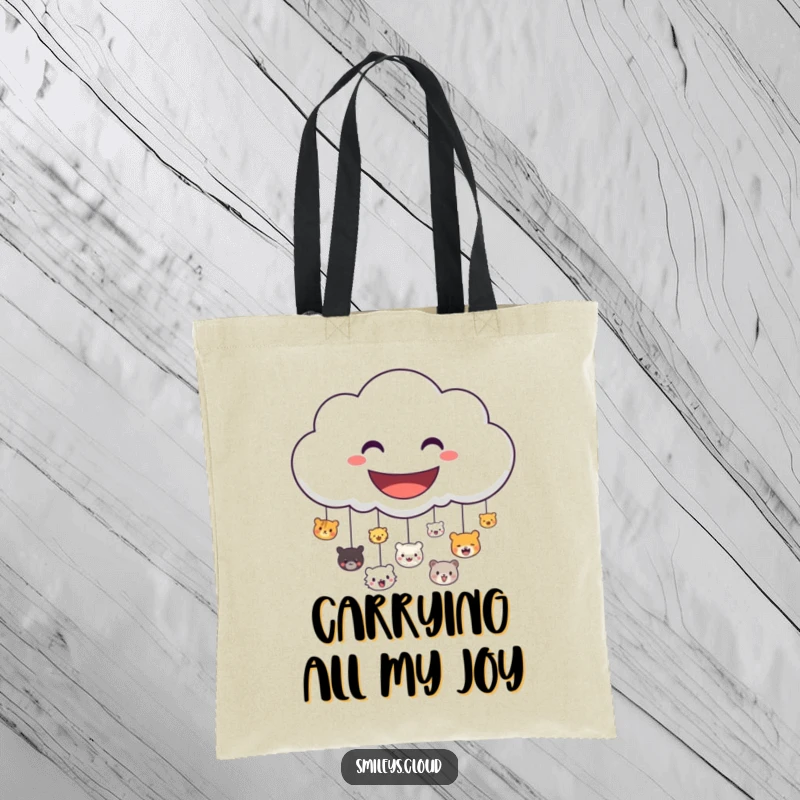 Funny tote bag featuring a cheerful cloud character raining down a cascade of small, happy animal faces, spreading good vibes.