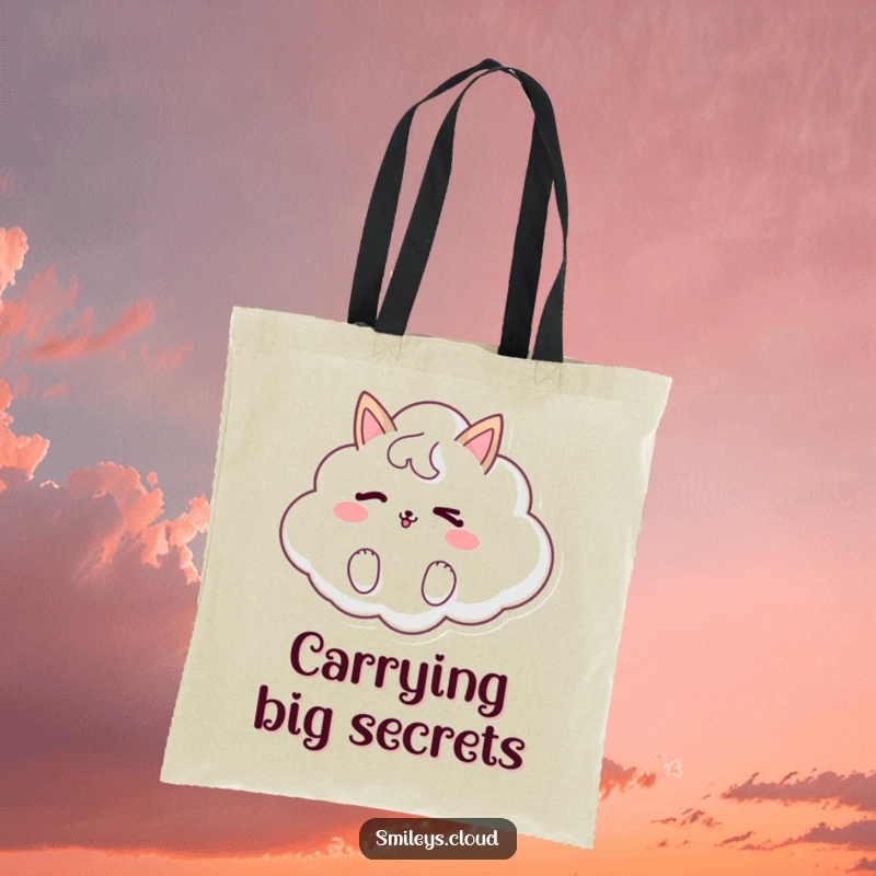 Funny tote bag showcasing a charming cloud animal executing a playful wink, perfect for carrying essentials with a touch of humor.