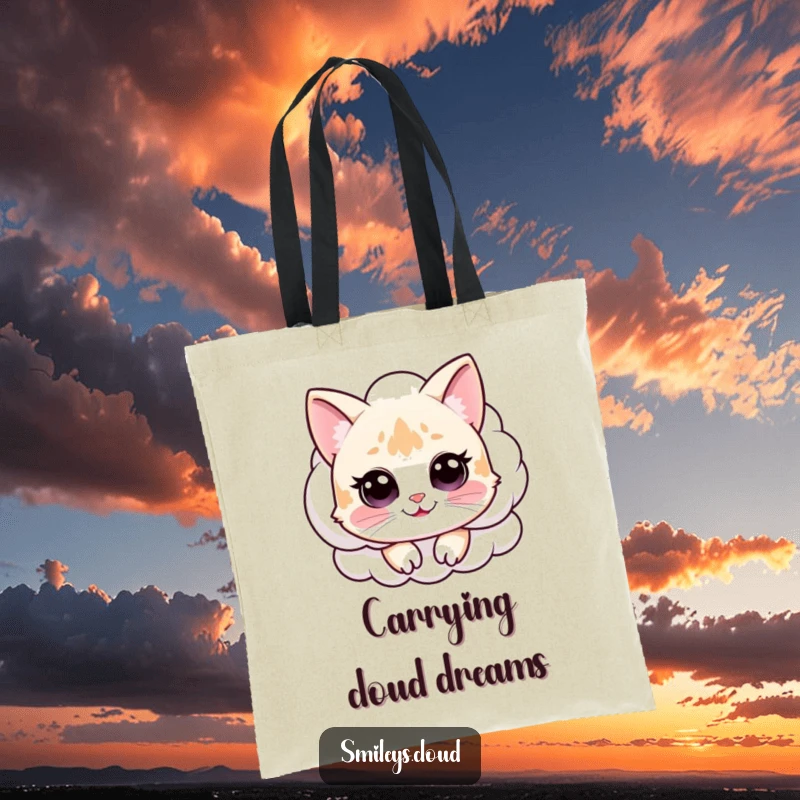 Funny tote bag design featuring a happy cat peeking out from a fluffy cloud, perfect for carrying funny essentials.